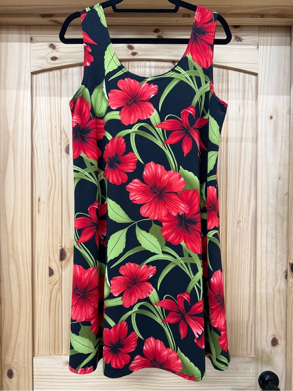 Black Tropical‎ Floral Tank Dress with Red & Green Print
